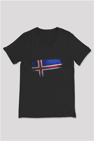 İzlanda - İceland Bayrağı Baskılı Unisex Siyah V Yaka Tişört