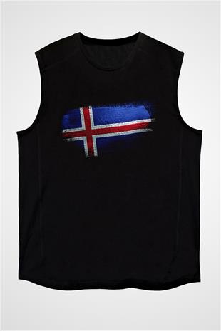 İzlanda - İceland Bayrağı Baskılı Unisex Siyah Kolsuz Tişört