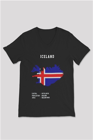 İzlanda Siyah Unisex V Yaka Tişört