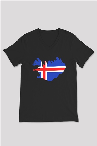 İzlanda Siyah Unisex V Yaka Tişört T-Shirt