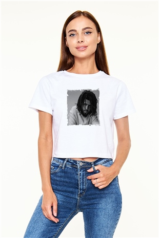 J. Cole Baskılı Beyaz Kadın Crop Top Tişört