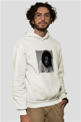 J. Cole Baskılı Unisex Beyaz Kapüşonlu Sweatshirt