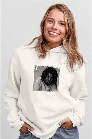 J. Cole Baskılı Unisex Beyaz Kapüşonlu Sweatshirt