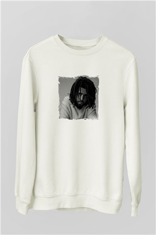 J. Cole Baskılı Unisex Beyaz Sweatshirt