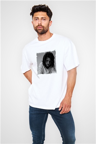J. Cole Baskılı Oversize Beyaz Tişört