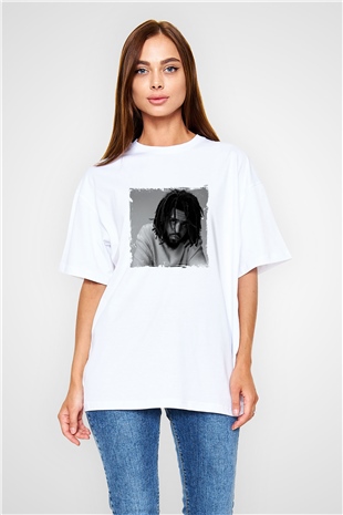 J. Cole Baskılı Oversize Beyaz Tişört