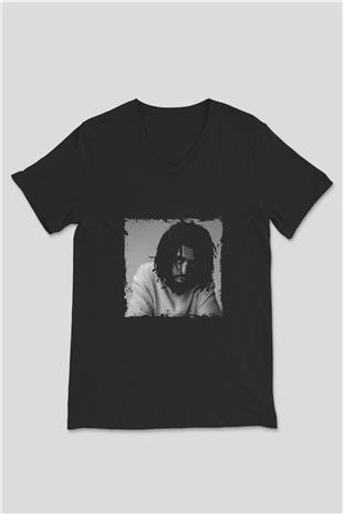 J. Cole Baskılı Unisex Siyah V Yaka Tişört