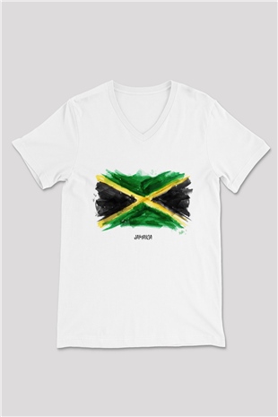 Jamaika Beyaz Unisex V Yaka Tişört T-Shirt