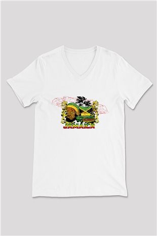 Jamaika Beyaz Unisex V Yaka Tişört T-Shirt