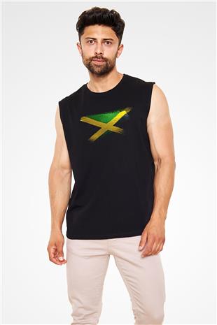 Jamaika - Jamaica Bayrağı Baskılı Unisex Siyah Kolsuz Tişört
