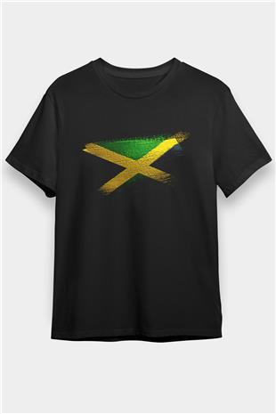 Jamaika - Jamaica Bayrağı Baskılı Unisex Siyah Tişört
