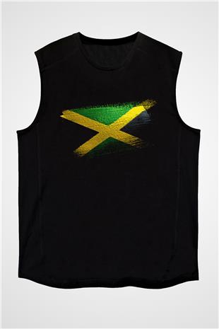 Jamaika - Jamaica Bayrağı Baskılı Unisex Siyah Kolsuz Tişört