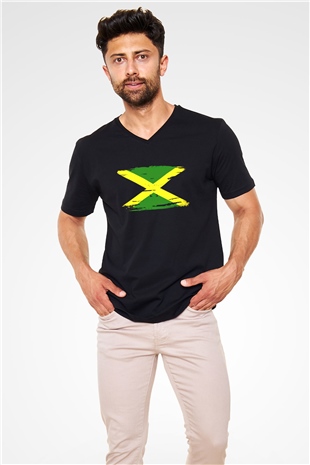 Jamaika Siyah Unisex V Yaka Tişört