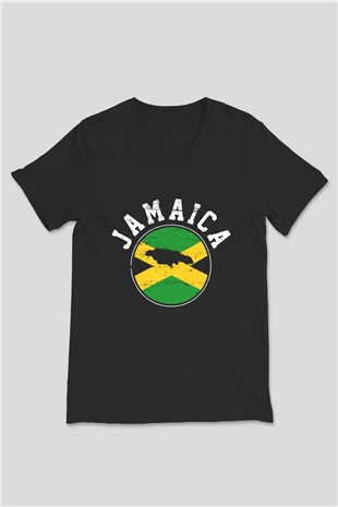 Jamaika Siyah Unisex V Yaka Tişört