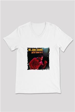James Brown Baskılı Beyaz V Yaka Unisex Tişört