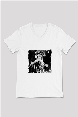 James Brown Baskılı Beyaz V Yaka Unisex Tişört