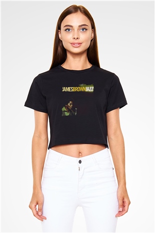 James Brown Baskılı Crop Top Siyah Kadın Tişört