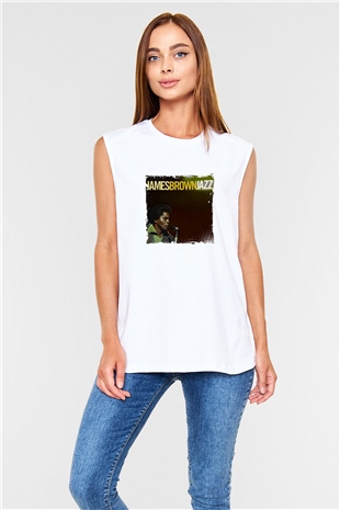 James Brown Baskılı Unisex Beyaz Kolsuz Tişört