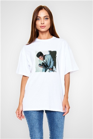 James Brown Baskılı Oversize Beyaz Tişört