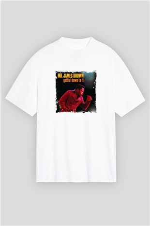 James Brown Baskılı Oversize Beyaz Tişört