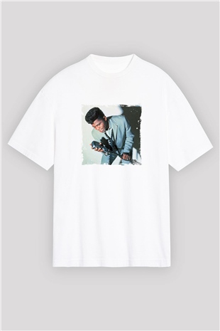 James Brown Baskılı Oversize Beyaz Tişört