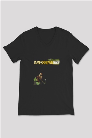 James Brown Baskılı Unisex Siyah V Yaka Tişört
