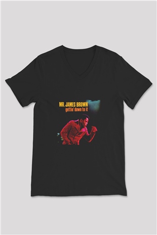 James Brown Baskılı Unisex Siyah V Yaka Tişört