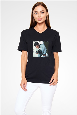 James Brown Baskılı Unisex Siyah V Yaka Tişört