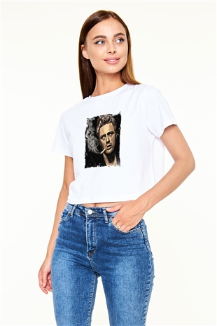 James Dean Baskılı Beyaz Kadın Crop Top Tişört