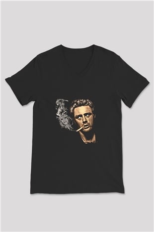 James Dean Baskılı Unisex Siyah V Yaka Tişört