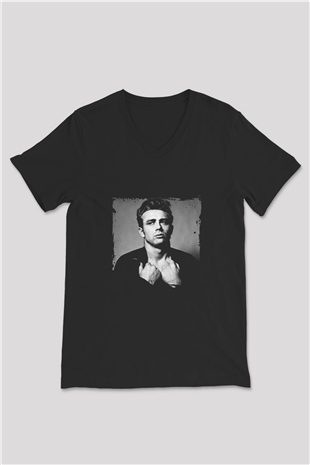 James Dean Baskılı Unisex Siyah V Yaka Tişört