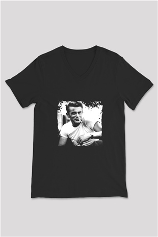 James Dean Baskılı Unisex Siyah V Yaka Tişört