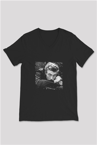 James Dean Baskılı Unisex Siyah V Yaka Tişört