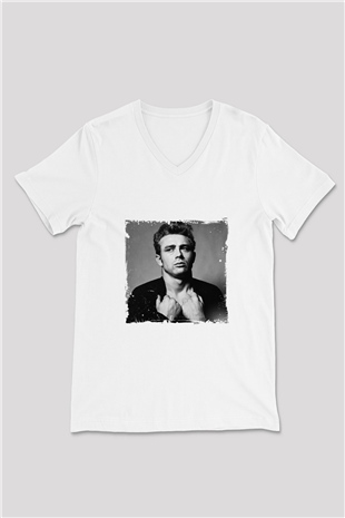 James Dean Baskılı V Yaka Unisex Beyaz Tişört
