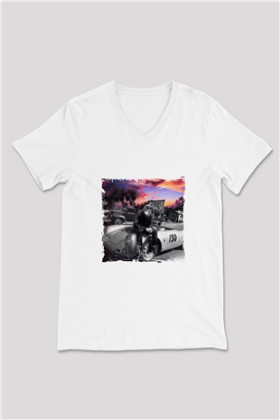 James Dean Baskılı V Yaka Unisex Beyaz Tişört