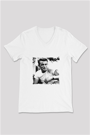 James Dean Baskılı V Yaka Unisex Beyaz Tişört