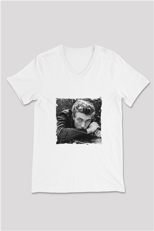 James Dean Baskılı V Yaka Unisex Beyaz Tişört