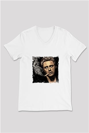 James Dean Baskılı V Yaka Unisex Beyaz Tişört