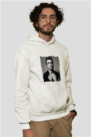 James Dean Unisex Baskılı Beyaz Kapüşonlu Sweatshirt