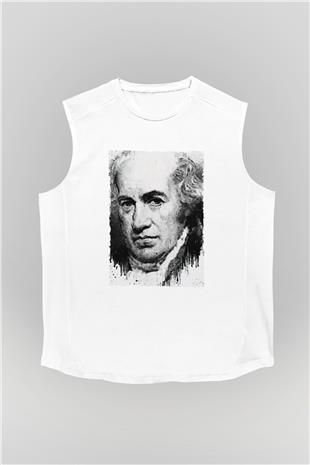 James Watt Baskılı Unisex Kolsuz Beyaz Tişört - Tshirt