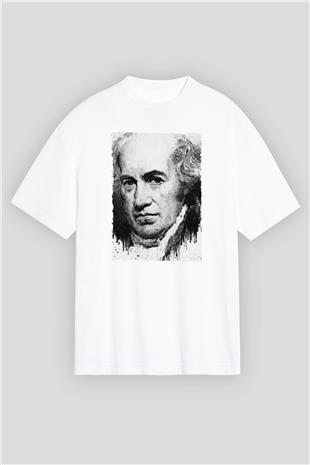 James Watt Baskılı Unisex Oversize Beyaz Tişört - Tshirt