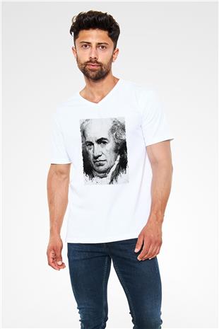 James Watt Baskılı Unisex V Yaka Beyaz Tişört - Tshirt