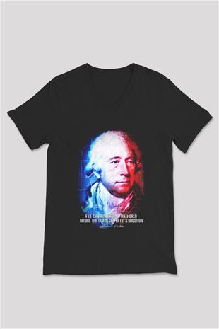 James Watt Portre Baskılı Unisex V Yaka Siyah Tİşört - Tshirt