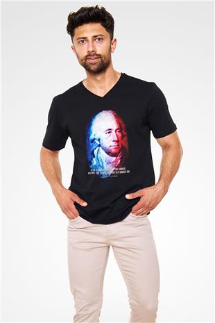 James Watt Portre Baskılı Unisex V Yaka Siyah Tİşört - Tshirt