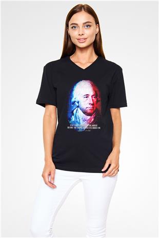 James Watt Portre Baskılı Unisex V Yaka Siyah Tİşört - Tshirt