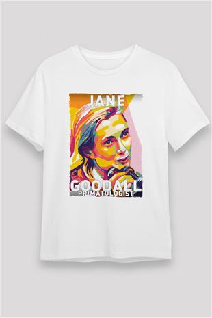 Jane Goodall Baskılı Unisex Beyaz Tişört - Tshirt