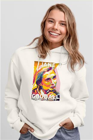 Jane Goodall Baskılı Unisex Ekru Hoodie