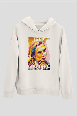 Jane Goodall Baskılı Unisex Ekru Hoodie