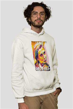 Jane Goodall Baskılı Unisex Ekru Hoodie