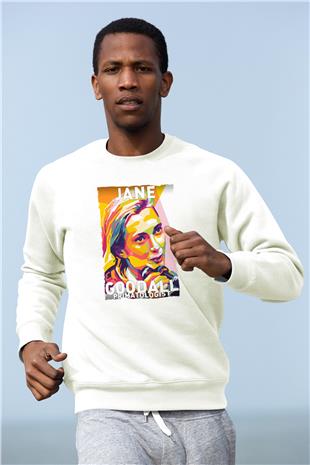 Jane Goodall Baskılı Unisex Ekru Sweatshirt